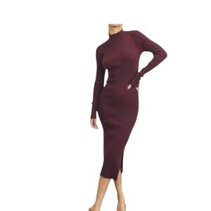 Dress Forum Burgundy Ribbed Long Sleeve Midi Dress